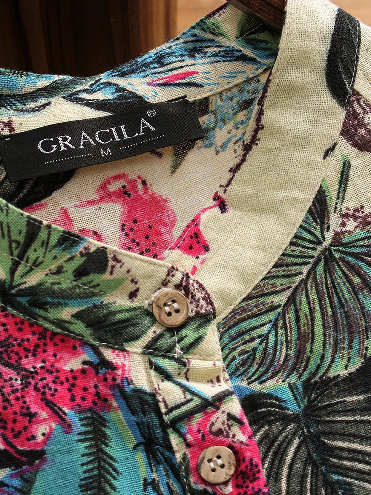 Women Floral Printed Stand Collar Mid-Long Vintage Blouses