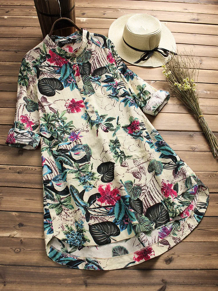 Women Floral Printed Stand Collar Mid-Long Vintage Blouses