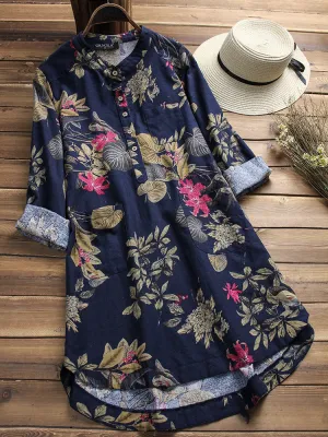 Women Floral Printed Stand Collar Mid-Long Vintage Blouses