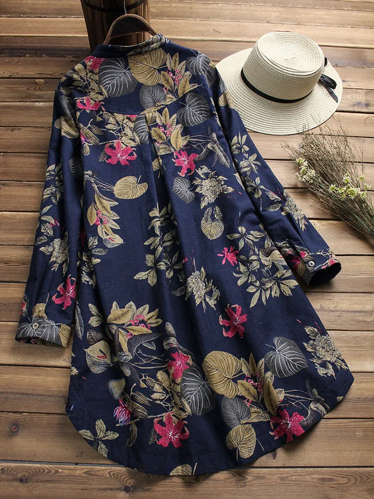 Women Floral Printed Stand Collar Mid-Long Vintage Blouses