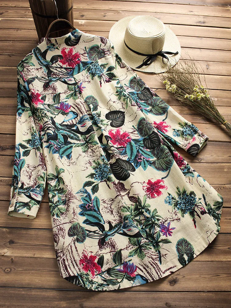 Women Floral Printed Stand Collar Mid-Long Vintage Blouses