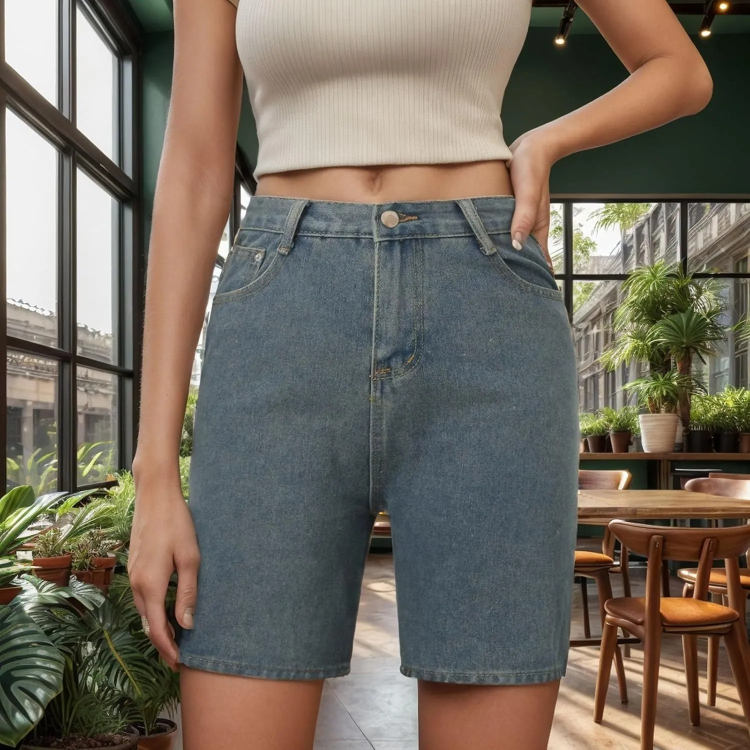 Women's Denim Shorts Trendy High Waisted Casual Summer Cropped Stretchy Bermuda Long Jean Shorts Straight Leg Pants