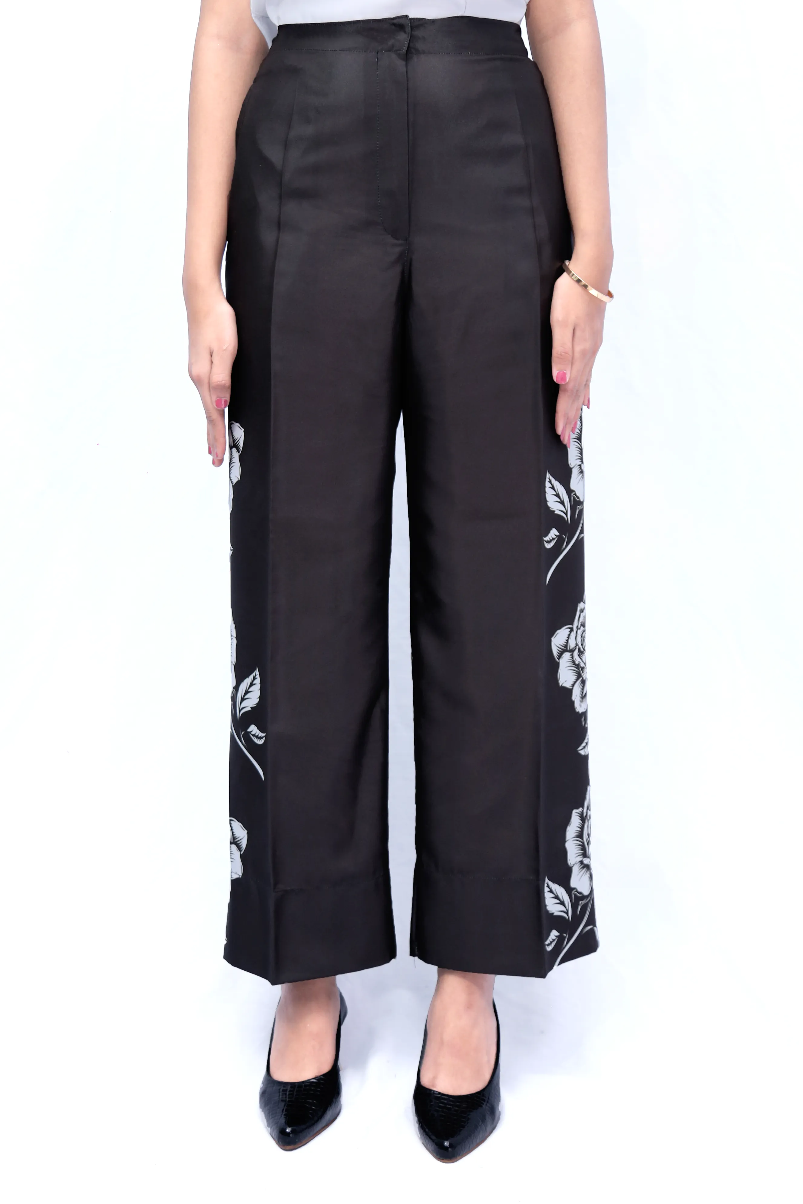 Women's Printed Black Pant With Pockets - AT-015-PB