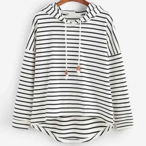 Women's Striped Hoodie - Relaxed Fit - Soft Knit Fabric - Drawstring Hood