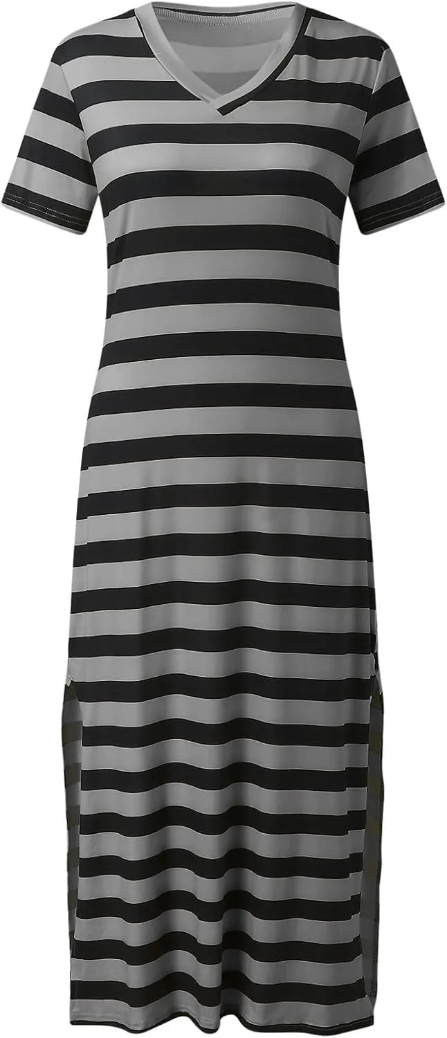 Womens Summer Stripe Maxi Dress Short Sleeve V Neck Casual Loose Long Beach Split Dresses Midi Dress Slit