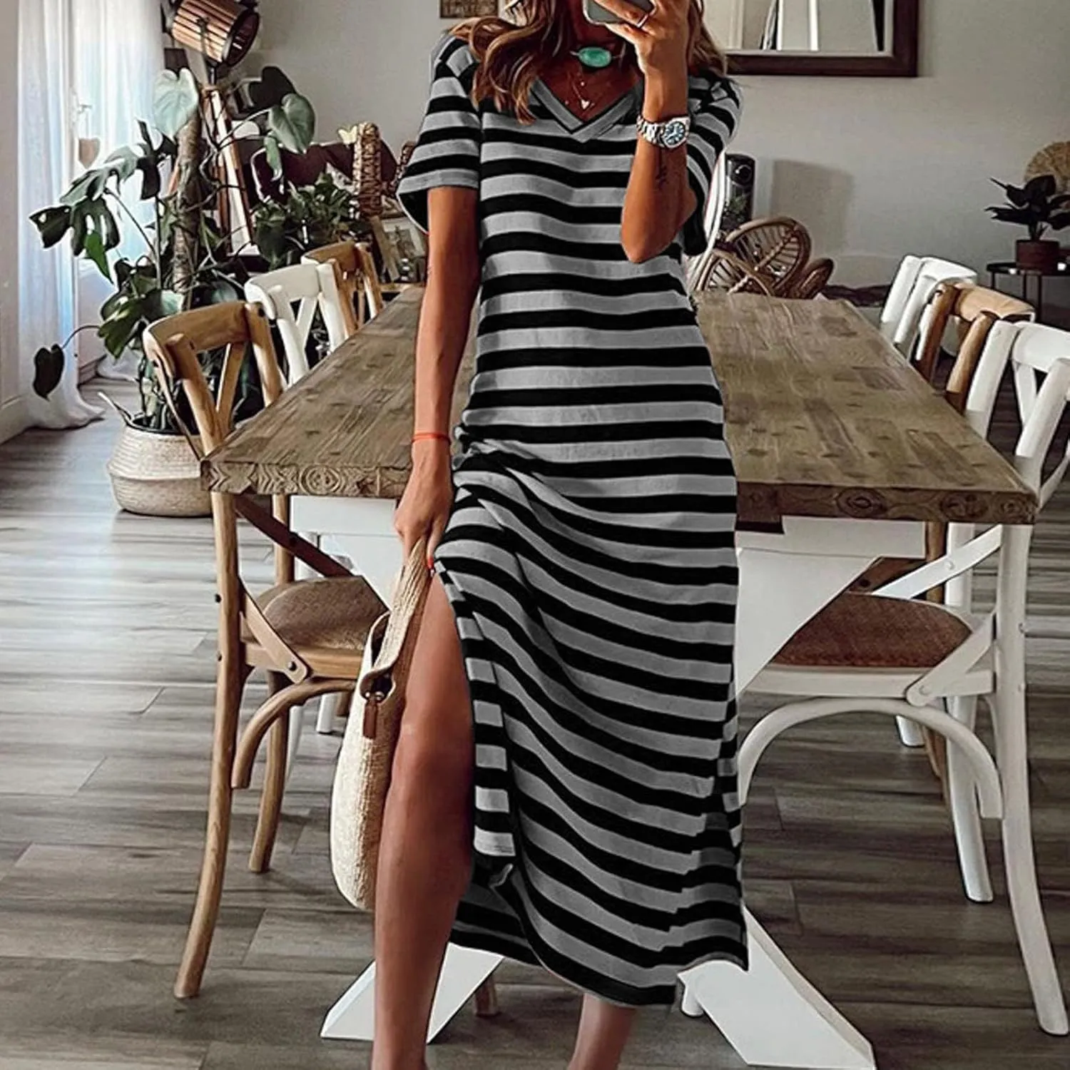 Womens Summer Stripe Maxi Dress Short Sleeve V Neck Casual Loose Long Beach Split Dresses Midi Dress Slit