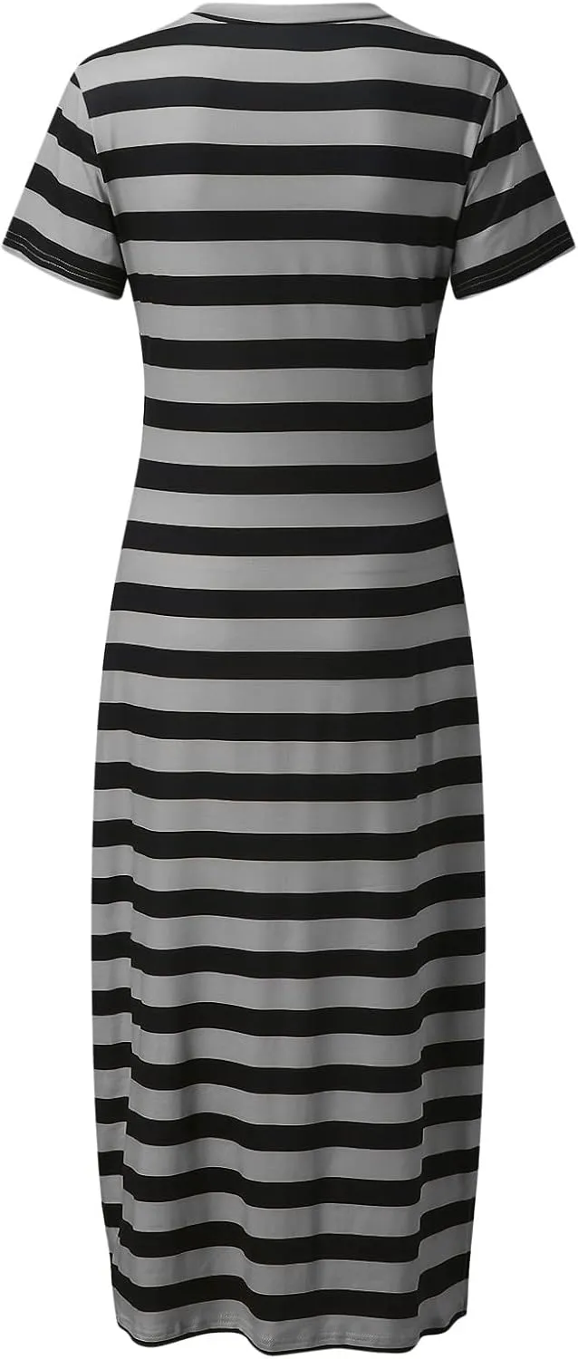 Womens Summer Stripe Maxi Dress Short Sleeve V Neck Casual Loose Long Beach Split Dresses Midi Dress Slit