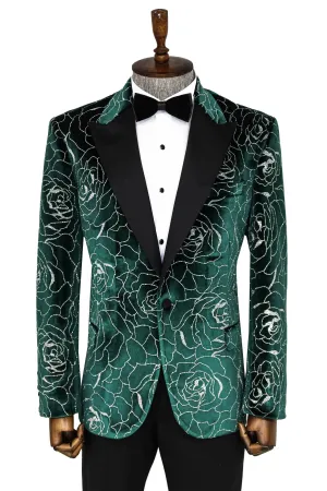WSS Silver Rose Patterned Over Green Men Prom Blazer  - Singen