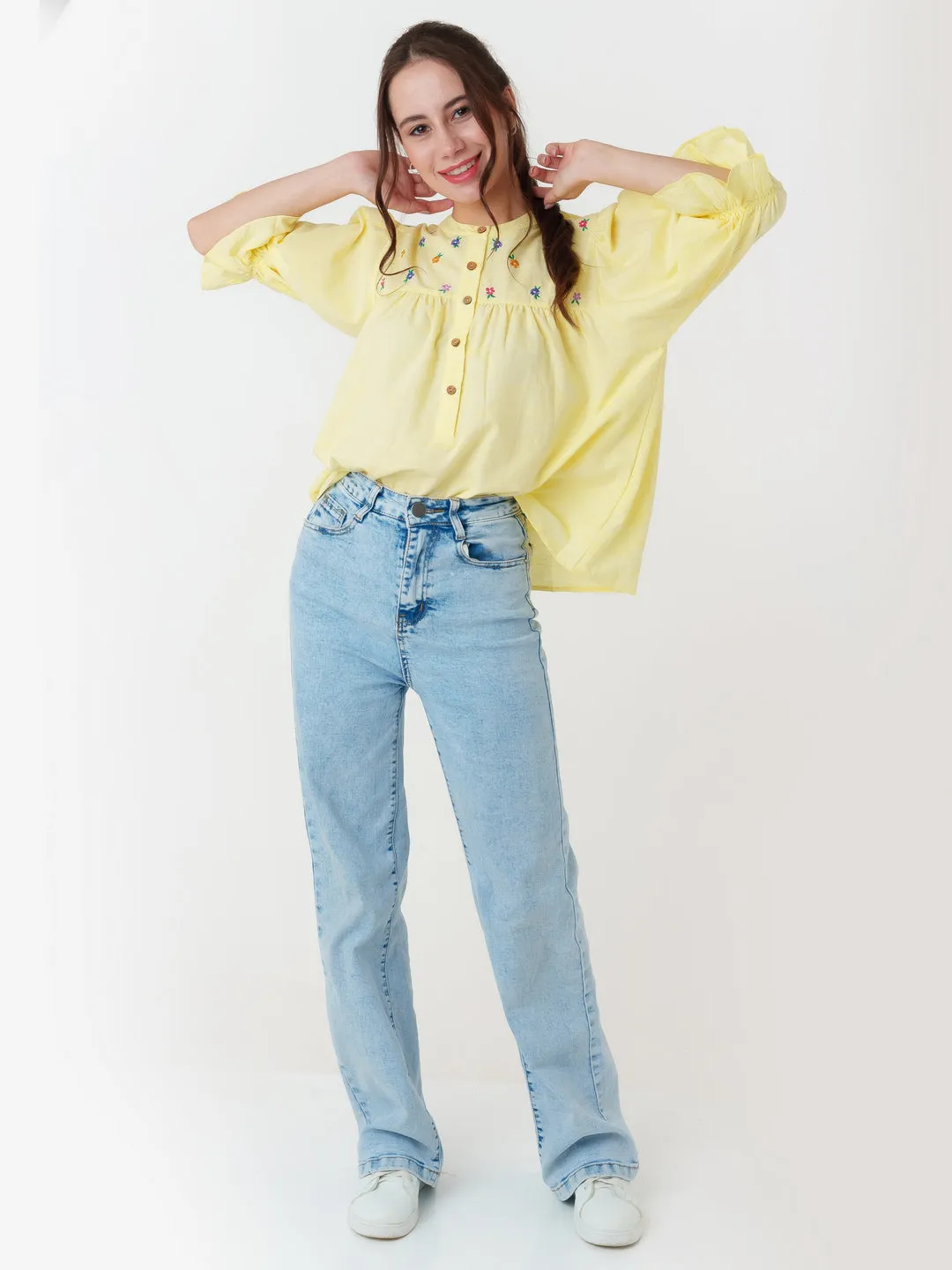 Yellow Embroidered Tiered Top