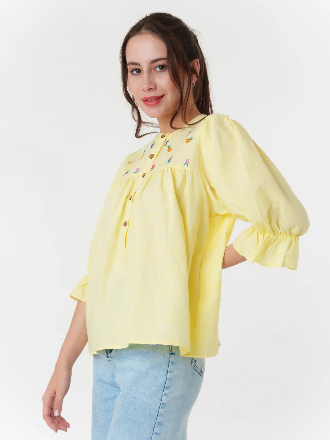 Yellow Embroidered Tiered Top
