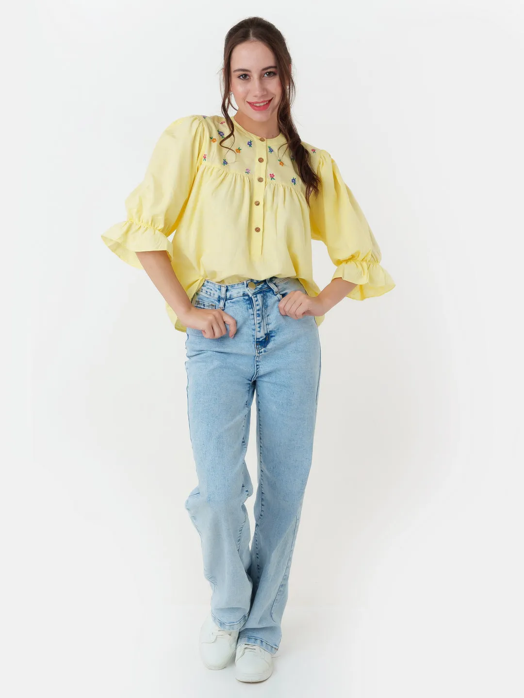 Yellow Embroidered Tiered Top