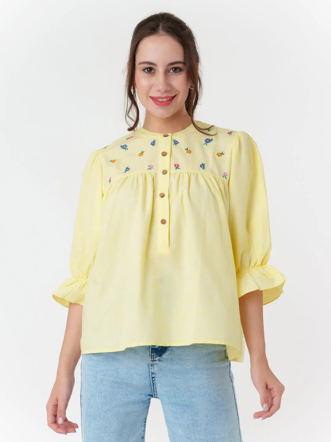 Yellow Embroidered Tiered Top